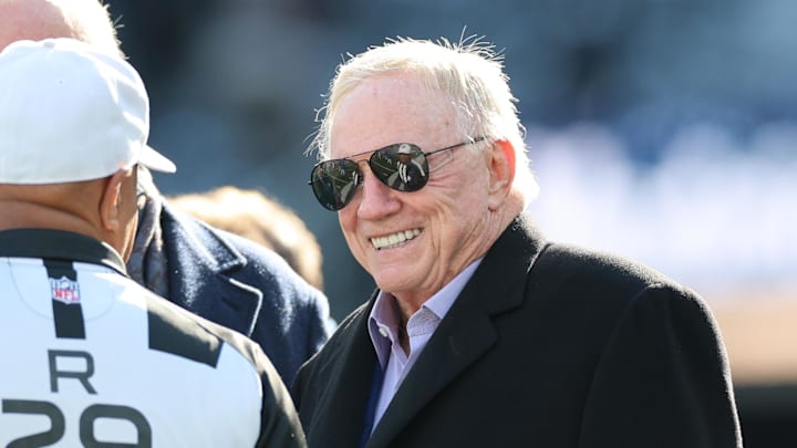 Dallas Cowboys owner Jerry Jones speaks with referee Adrian Hill before a game against the New York Giants at MetLife Stadium. Dallas Cowboys owner Jerry Jones speaks with referee Adrian Hill before a game against the New York Giants at MetLife Stadium.