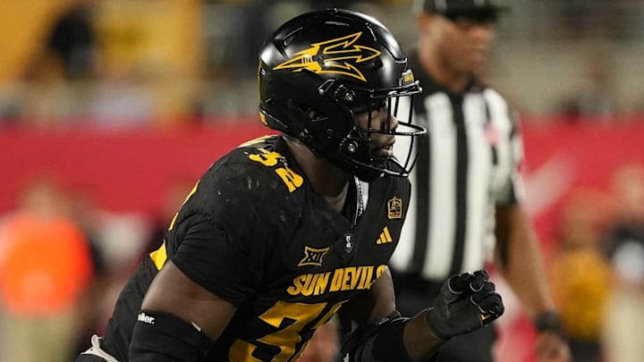 Sep 26, 2025; Tempe, Arizona, USA; Arizona State Sun Devils defensive lineman Prince Dorbah (32) rushes the passer against the TCU Horned Frogs in the second half at Mountain America Stadium, Home of the ASU Sun Devils. Mandatory Credit: Jacob Reiner-Imagn Images