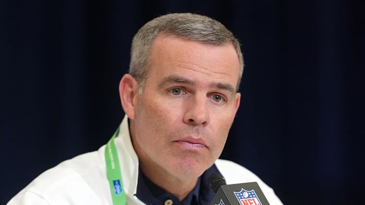 Buffalo Bills general manager Brandon Beane speaks at the NFL Scouting Combine.