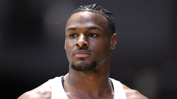 Nov 24, 2023; La Jolla, California, USA; USC Trojans guard Bronny James (6) warms up before the game against the Oklahoma Sooners at LionTree Arena. Mandatory Credit: Orlando Ramirez-Imagn Images
