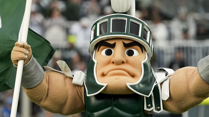 Nov 15, 2025; East Lansing, Michigan, USA; Michigan State mascot Sparty runs out onto the field before a game against Penn State at Spartan Stadium. Mandatory Credit: Brendan Mullin-Imagn Images