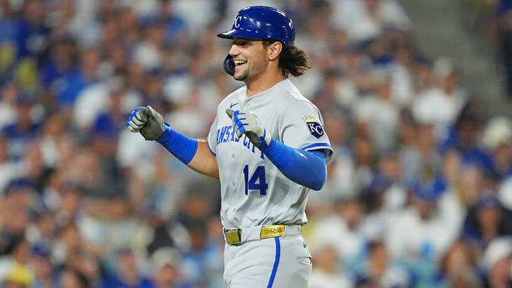 Aug 10, 2026; Los Angeles, California, USA; Kansas City Royals right fielder Jac Caglianone (14) runs the bases after a home run during the second inning against the Los Angeles Dodgers at Dodger Stadium. Mandatory Credit: Kirby Lee-Imagn Images