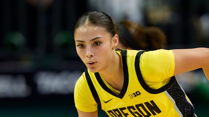 Oregon guard Katie Fiso chases down the ball as the Oregon Ducks host the Penn State Nittany Lions on Jan. 24, 2026, at Matthew Knight Arena in Eugene, Oregon. Oregon guard Katie Fiso chases down the ball as the Oregon Ducks host the Penn State Nittany Lions on Jan. 24, 2026, at Matthew Knight Arena in Eugene, Oregon.