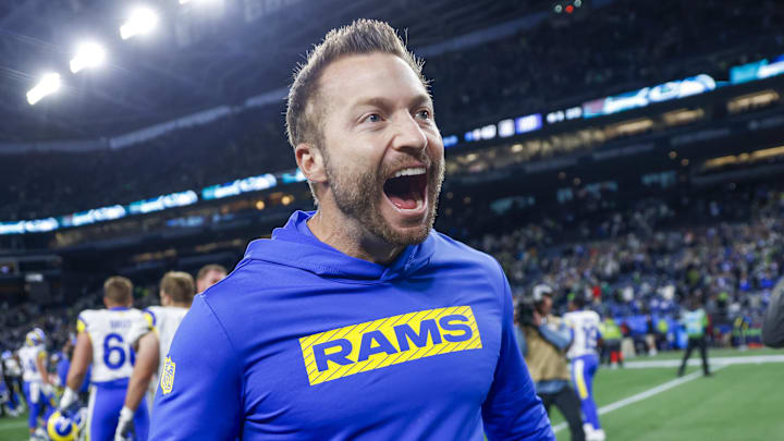 Nov 3, 2024; Seattle, Washington, USA; Los Angeles Rams head coach Sean McVay celebrates following an overtime victory against the Seattle Seahawks at Lumen Field. Mandatory Credit: Joe Nicholson-Imagn Images