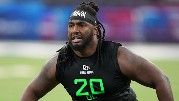 Mar 2, 2025; Indianapolis, IN, USA; Ohio State offensive lineman Donovan Jackson (OL20) during the 2025 NFL Combine at Lucas Oil Stadium. Mandatory Credit: Kirby Lee-Imagn Images