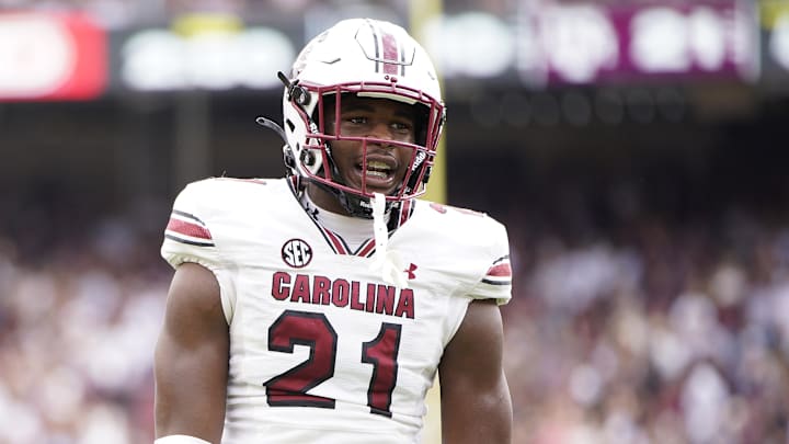 Oct 28, 2023; College Station, Texas, USA; South Carolina Gamecocks defensive back Nick Emmanwori (21) reacts to a referee call during the second half in a game against Texas A&M Aggies at Kyle Field.