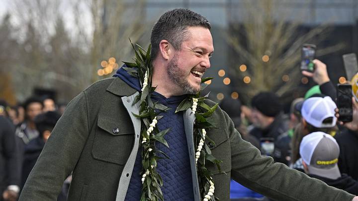 Nov 22, 2025; Eugene, Oregon, USA; Oregon Ducks head coach Dan Lanning greets fans before the game against the Southern California Trojans at Autzen Stadium. Mandatory Credit: Troy Wayrynen-Imagn Images