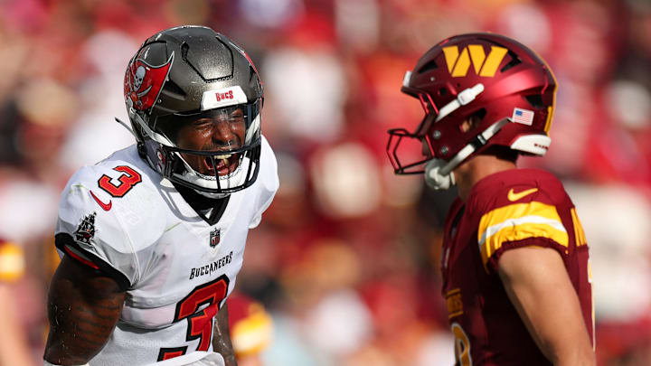 Sep 8, 2024; Tampa, Florida, USA; Tampa Bay Buccaneers safety Jordan Whitehead (3) reacts after a play against the Washington Commanders in the third quarter at Raymond James Stadium. Mandatory Credit: Nathan Ray Seebeck-Imagn Images