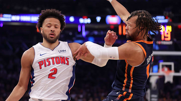 Feb 26, 2024; New York, New York, USA; Detroit Pistons guard Cade Cunningham (2) brings the ball up court against New York Knicks guard Jalen Brunson (11) during the first quarter at Madison Square Garden. Mandatory Credit: Brad Penner-Imagn Images Feb 26, 2024; New York, New York, USA; Detroit Pistons guard Cade Cunningham (2) brings the ball up court against New York Knicks guard Jalen Brunson (11) during the first quarter at Madison Square Garden. Mandatory Credit: Brad Penner-Imagn Images