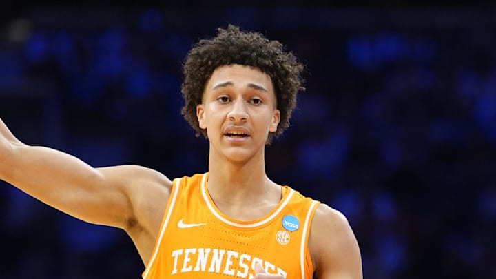 Mar 22, 2026; Philadelphia, PA, USA; Tennessee Volunteers forward Nate Ament (10) reacts against the Virginia Cavaliers in the second half during a second round game of the men's 2026 NCAA Tournament at Xfinity Mobile Arena. Mandatory Credit: Kyle Ross-Imagn Images