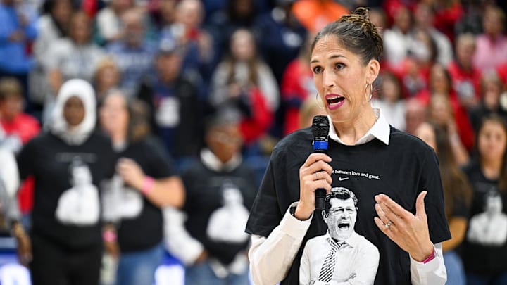 Nov 20, 2024; Storrs, Connecticut, USA; Connecticut Huskies wmones basketball alumni Rebecca Lobos speaks after a game between the Huskies and the Fairleigh Dickinson Knights to celebrate the all time NCAA wins record set by head coach Geno Auriemma at Harry A. Gampel Pavilion. Mandatory Credit: Mark Smith-Imagn Images