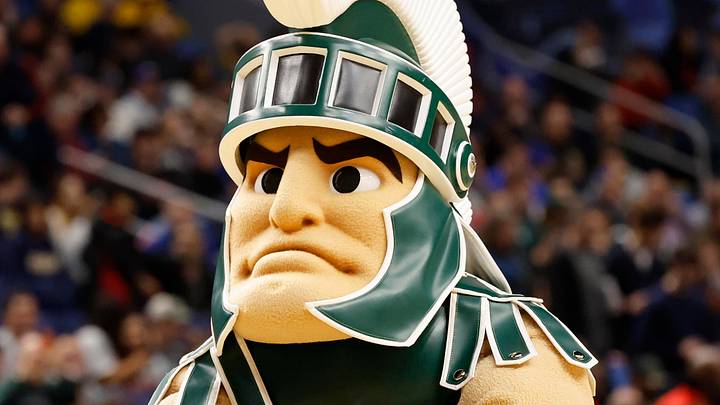 Michigan State mascot "Sparty" looks on during a game against Louisville during the second round of the NCAA Tournament at the KeyBank Center on Saturday, March 21, 2026.