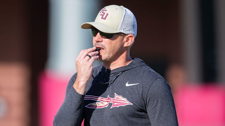 Florida State head coach Mike Norvell leads practice Thursday, April 9, 2026.
