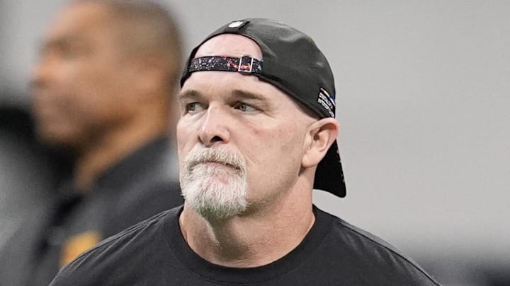 Washington Commanders head coach Dan Quinn before a game against the Atlanta Falcons. Washington Commanders head coach Dan Quinn before a game against the Atlanta Falcons.