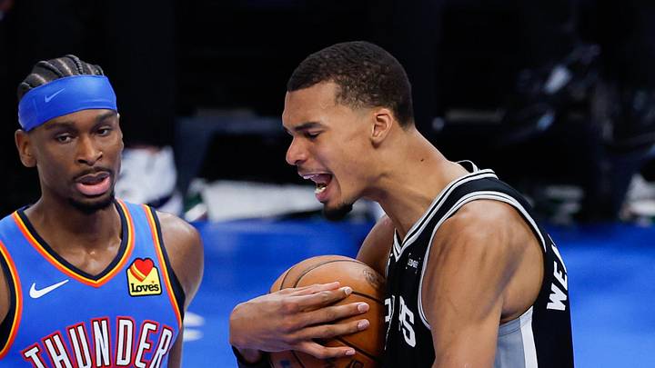 May 18, 2026; Oklahoma City, Oklahoma, USA; San Antonio Spurs center Victor Wembanyama (1) reacts in double overtime against the Oklahoma City Thunder during game one of the western conference finals for the 2026 NBA playoffs at Paycom Center. Mandatory Credit: Alonzo Adams-Imagn Images