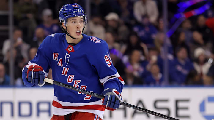 Nov 10, 2025; New York, New York, USA; New York Rangers right wing Gabe Perreault (94) skates against the Nashville Predators during the first period at Madison Square Garden. Mandatory Credit: Brad Penner-Imagn Images