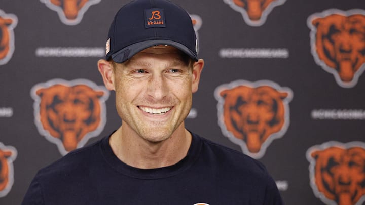 Jun 3, 2025; Lake Forest, IL, USA; Chicago Bears head coach Ben Johnson speaks during minicamp at Halas Hall.