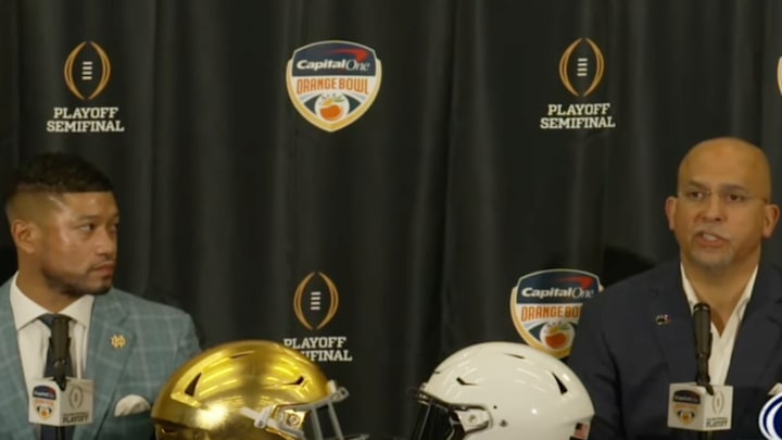 Notre Dame Fighting Irish coach Marcus Freeman (left) and Penn State Nittany Lions coach James Franklin speak to the media at a press conference ahead of the Orange Bowl on January 8, 2025. 