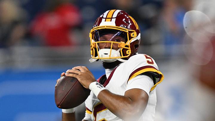 Aug 22, 2026; Detroit, Michigan, USA; Washington Commanders quarterback Jayden Daniels (5) throws passes during pregame warmups before their preseason game against the Detroit Lions at Ford Field. Mandatory Credit: Lon Horwedel-Imagn Images Aug 22, 2026; Detroit, Michigan, USA; Washington Commanders quarterback Jayden Daniels (5) throws passes during pregame warmups before their preseason game against the Detroit Lions at Ford Field. Mandatory Credit: Lon Horwedel-Imagn Images
