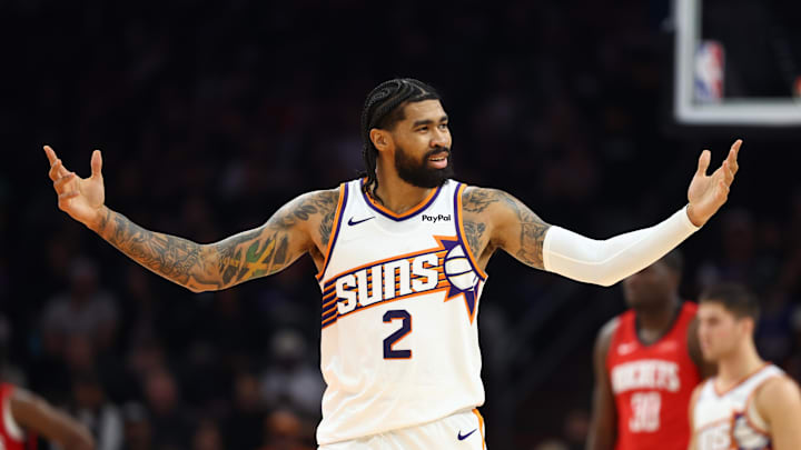 Nov 24, 2025; Phoenix, Arizona, USA; Phoenix Suns center Nick Richards (2) reacts against the Houston Rockets in the first half at Mortgage Matchup Center. Mandatory Credit: Mark J. Rebilas-Imagn Images Nov 24, 2025; Phoenix, Arizona, USA; Phoenix Suns center Nick Richards (2) reacts against the Houston Rockets in the first half at Mortgage Matchup Center. Mandatory Credit: Mark J. Rebilas-Imagn Images