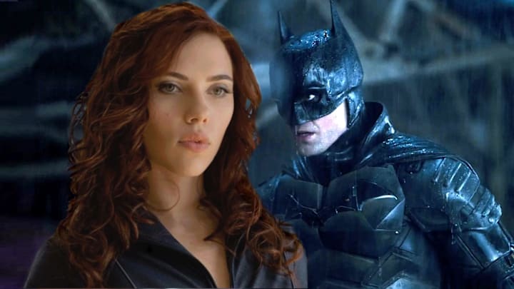 Scarlett Johansson as Black Widow in Marvel Studios' Iron Man 2 and Robert Pattinson in The Batman. 