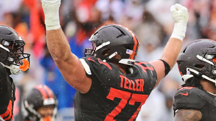 Oct 19, 2025; Cleveland, Ohio, USA; Cleveland Browns guard Wyatt Teller (77) celebrates after running back Quinshon Judkins (10) scored a touchdown during the first half against the Miami Dolphins at Huntington Bank Field. Mandatory Credit: Ken Blaze-Imagn Images