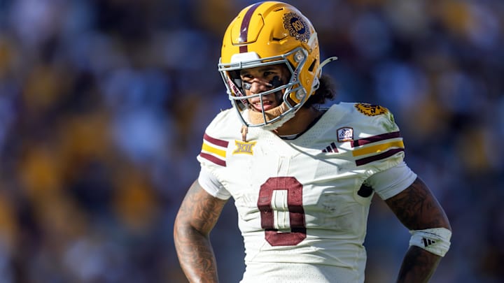 Oct. 18, 2025; Tempe, Arizona, USA; Arizona State Sun Devils wide receiver Jordyn Tyson (0) against the Texas Tech Red Raiders at Mountain America Stadium. Mandatory Credit: Mark J. Rebilas-Imagn Images