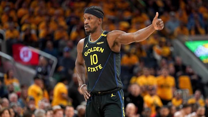 May 2, 2025; San Francisco, California, USA; Golden State Warriors forward Jimmy Butler III (10) gives a thumbs up signal before a play against the Houston Rockets in the third quarter of game six of the first round for the 2025 NBA Playoffs at Chase Center. Mandatory Credit: Cary Edmondson-Imagn Images