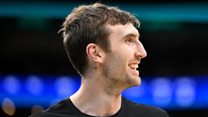 Luke Kornet #35 of the Boston Celtics reacts before facing the New York Knicks.