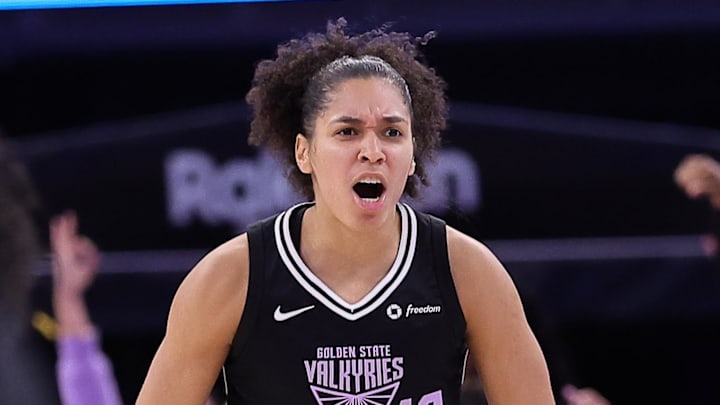 Sep 2, 2025; San Francisco, California, USA; Golden State Valkyries forward Janelle Salaun (13) celebrates after a basket against the New York Liberty during the third quarter at Chase Center. Mandatory Credit: Kelley L Cox-Imagn Images