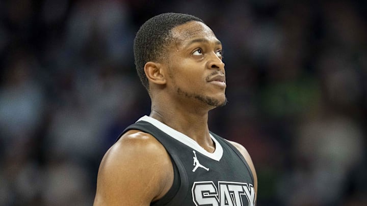 Mar 9, 2025; Minneapolis, Minnesota, USA; San Antonio Spurs guard De'Aaron Fox (4) looks on against the Minnesota Timberwolves in the second half at Target Center. Mandatory Credit: Jesse Johnson-Imagn Images