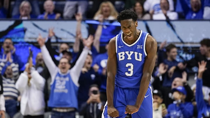 Jan 24, 2026; Provo, Utah, USA; BYU Cougars forward AJ Dybantsa (3) reacts during the second half against the Utah Utes at Marriott Center. Mandatory Credit: Aaron Baker-Imagn Images 