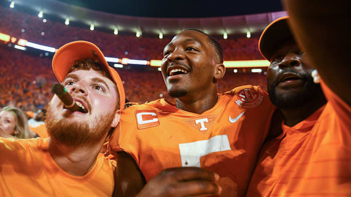Tennessee quarterback Hendon Hooker (5) celebrates with fans after Tennessee's 52-49 win over Alabama in Neyland Stadium, on Saturday, Oct. 15, 2022.
Tennesseevsalabama1015 5568 1 Tennessee quarterback Hendon Hooker (5) celebrates with fans after Tennessee's 52-49 win over Alabama in Neyland Stadium, on Saturday, Oct. 15, 2022.
Tennesseevsalabama1015 5568 1