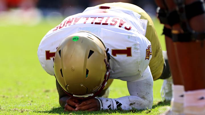Oct 5, 2024; Charlottesville, Virginia, USA; Boston College Eagles quarterback Thomas Castellanos (1) reacts after fumbling the ball during the third quarter against the Virginia Cavaliers at Scott Stadium. Mandatory Credit: Peter Casey-Imagn Images