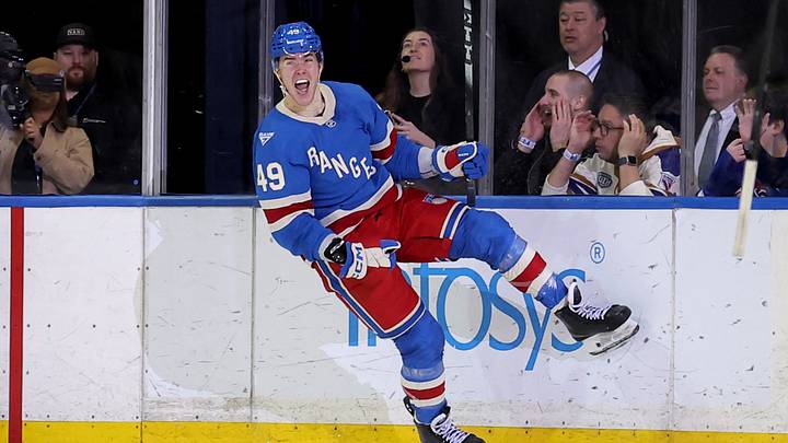 Mar 5, 2026; New York, New York, USA; New York Rangers right wing Jaroslav Chmelar (49) celebrates his goal against the Toronto Maple Leafs with defenseman Vincent Iorio (6) during the third period at Madison Square Garden. The goal was the first of his NHL career. Mandatory Credit: Brad Penner-Imagn Images Mar 5, 2026; New York, New York, USA; New York Rangers right wing Jaroslav Chmelar (49) celebrates his goal against the Toronto Maple Leafs with defenseman Vincent Iorio (6) during the third period at Madison Square Garden. The goal was the first of his NHL career. Mandatory Credit: Brad Penner-Imagn Images