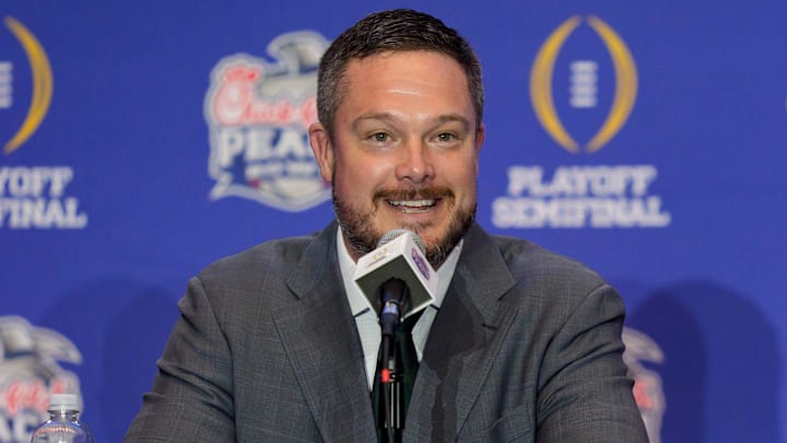 Oregon head coach Dan Lanning speaks during the head coaches’ press conference ahead of the Peach Bowl at the College Football Hall of Fame in Atlanta, Georgia, on Jan. 8, 2026.