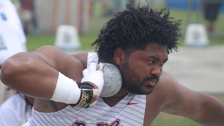 Tarik Robinson-O'Hagan of Ole Miss prepares his attempt in the men's shot put. Tarik Robinson-O'Hagan of Ole Miss prepares his attempt in the men's shot put.