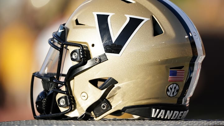 Oct 22, 2022; Columbia, Missouri, USA; A detail view of a Vanderbilt Commodores helmet against the Missouri Tigers during the second half of the game at Faurot Field at Memorial Stadium. Mandatory Credit: Denny Medley-Imagn Images