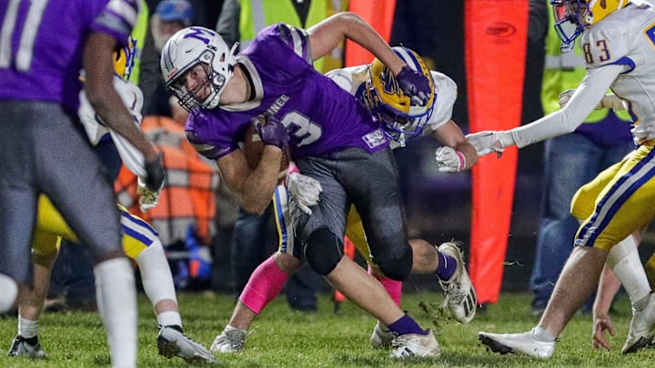 Mosinee High School's Davin Stoffel (3) fights for extra yardage after making a reception against Rice Lake High School during a WIAA Division 3 Level 2 playoff game on Friday, October 28, 2022, at Mosinee High School in Mosinee, Wis. Rice Lake won the game, 42-33.Tork Mason/USA TODAY NETWORK-Wisconsin

Wdh Mosinee Vs Rice Lake Football 102822 1845 Ttm