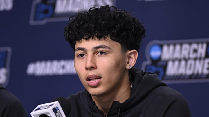 Mar 19, 2026; St. Louis, MO, USA; Santa Clara Broncos guard Christian Hammond speaks during an interview at the practice session ahead of the first round of the men's 2026 NCAA Tournament at Enterprise Center. Mandatory Credit: Jeff Le-Imagn Images