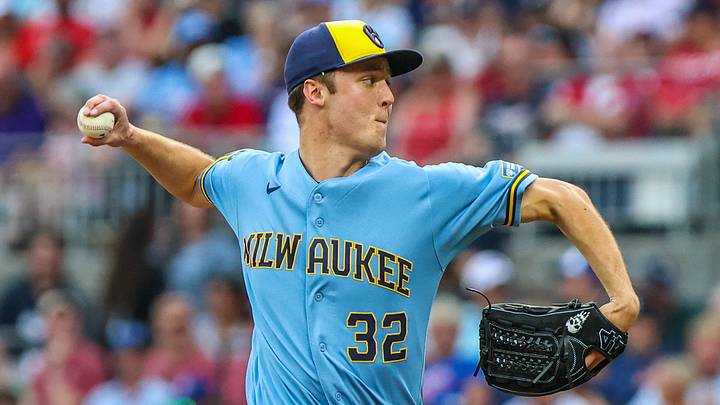 Jun 19, 2026; Cumberland, Georgia, USA; Milwaukee Brewers pitcher Jacob Misiorowski (32) pitches against the Atlanta Braves during the third inning at Truist Park. Mandatory Credit: Jordan Godfree-Imagn Images Jun 19, 2026; Cumberland, Georgia, USA; Milwaukee Brewers pitcher Jacob Misiorowski (32) pitches against the Atlanta Braves during the third inning at Truist Park. Mandatory Credit: Jordan Godfree-Imagn Images