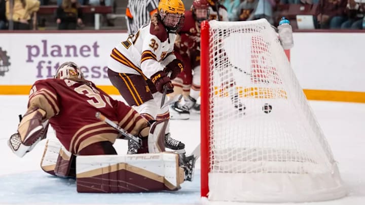 Minnesota senior Sydney Morrow buries the first goal in an 11-0 rout of Boston College in women's hockey at Ridder Arena on Sept, 26, 2025. Minnesota senior Sydney Morrow buries the first goal in an 11-0 rout of Boston College in women's hockey at Ridder Arena on Sept, 26, 2025.