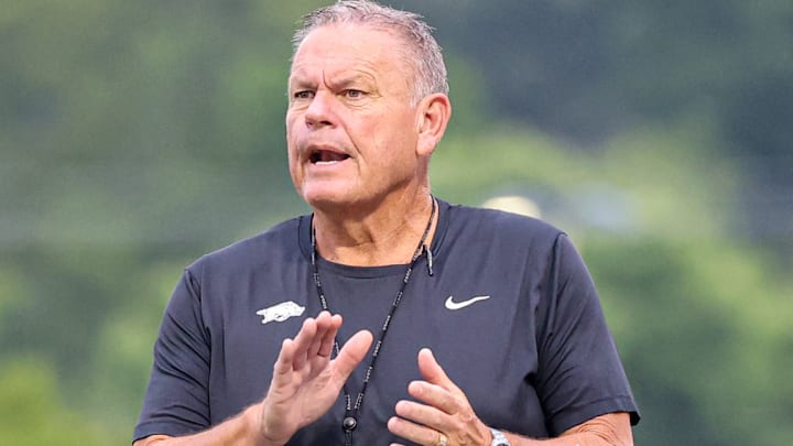 Arkansas Razorbacks' coach Sam Pittman during drills at the team's first fall practice in Fayetteville, Ark.