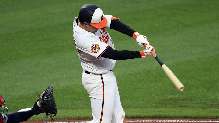 May 27, 2025; Baltimore, Maryland, USA; Baltimore Orioles first baseman Ryan Mountcastle (6) hits a double during the fourth inning against the St. Louis Cardinals at Oriole Park at Camden Yards. 