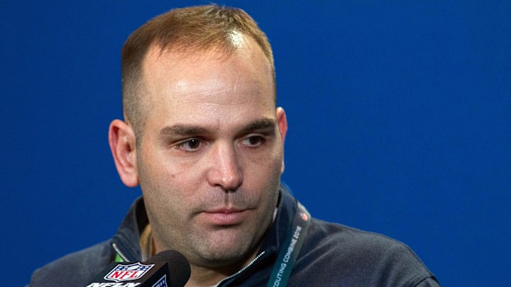 Feb 25, 2016; Indianapolis, IN, USA; Jacksonville Jaguars general manager David Caldwell speaks to the media during the 2016 NFL Scouting Combine at Lucas Oil Stadium. 