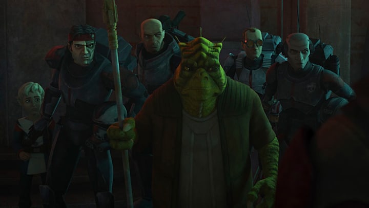 Cid leads the Bad Batch through a dark area. "Infested." The Bad Batch. Courtesy of StarWars.com.