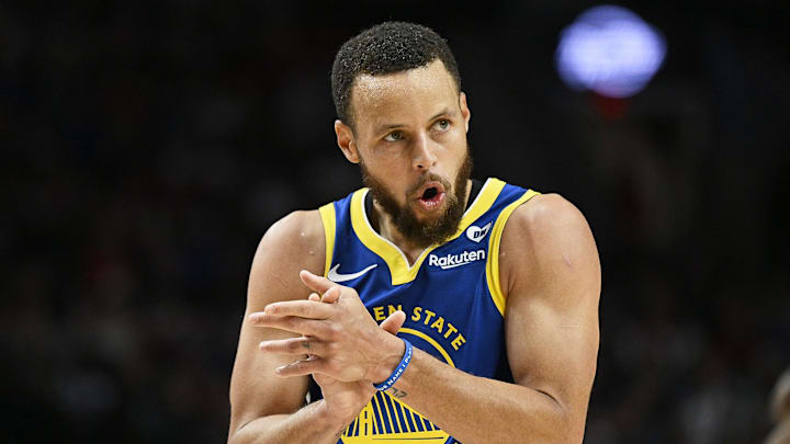 Apr 11, 2024; Portland, Oregon, USA; Golden State Warriors guard Stephen Curry (30) claps his hands in celebration during the second half against the Portland Trail Blazers at Moda Center. Mandatory Credit: Troy Wayrynen-Imagn Images