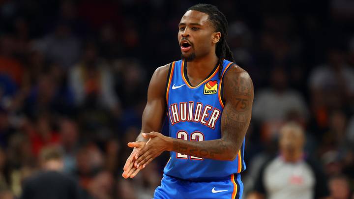 Apr 27, 2026; Phoenix, Arizona, USA; Oklahoma City Thunder guard Cason Wallace (22) against the Phoenix Suns during game four of the first round of the 2026 NBA Playoffs at Mortgage Matchup Center. Mandatory Credit: Mark J. Rebilas-Imagn Images Apr 27, 2026; Phoenix, Arizona, USA; Oklahoma City Thunder guard Cason Wallace (22) against the Phoenix Suns during game four of the first round of the 2026 NBA Playoffs at Mortgage Matchup Center. Mandatory Credit: Mark J. Rebilas-Imagn Images