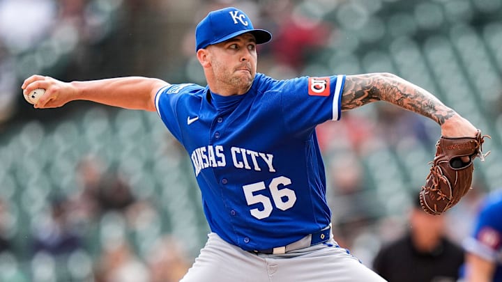 Kansas City Royals pitcher Alex Lange (56) throws against Detroit Tigers during the sixth inning at Comerica Park in Detroit on Thursday, April 16, 2026.