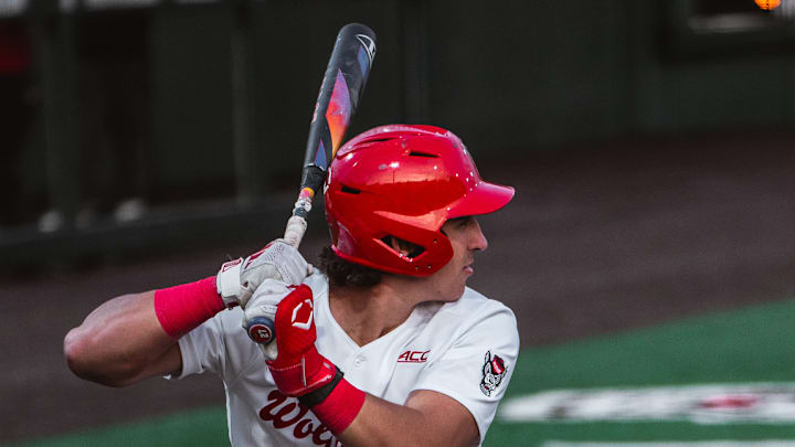 NC State first baseman Chris McHugh awaits a pitch at the plate during the Wolfpack's 6-4 win over No. 16 Coastal Carolina on Tuesday, March 3, 2026. 